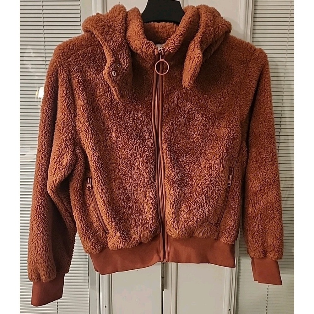 Olivia Sky Sherpa Bomber Zip Up W/Detachable Hood Jacket Copper Women Medium